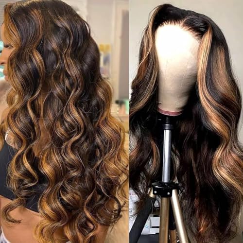 12A Highlight Ombre Body Wave Balayage 13x4 HD Lace Front Wig Human Hair 200% Density F1B/30 Lace Front Wig Human Hair for Black Women Pre Plucked (Highlight Brown, 26 Inch)