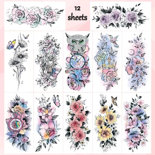 12 Sheet Large Flower Temporary Tattoo Sleeves for Women