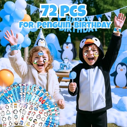 72-Piece Penguin Party Favors Bundle with Tattoos & Slap Bracelets
