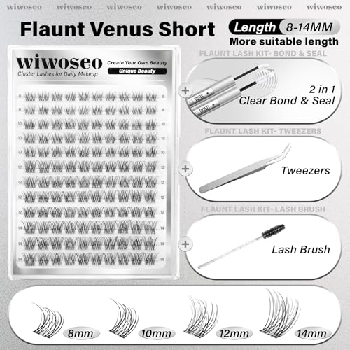 wiwoseo Flaunt Short Lash Clusters Wispy Lash Clusters Kit 8-14MM Venus Eyelash Clusters Eyelash Extensions Kit C Curly Individual Lashes Extension Kit Natural Eyelashes Clusters for Daily Makeup