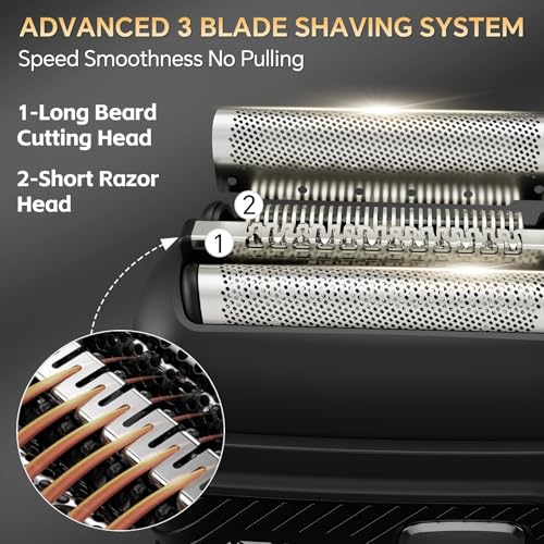 Electric Foil Shavers for Men: Mini Electric Razor for Beard/Face with 3 Floating Blades & LED Display, Cordless Face Shaver with IPX6 Waterproof Wet/Dry, USB-C Fast Chage & Travel Lock, Carbon Black