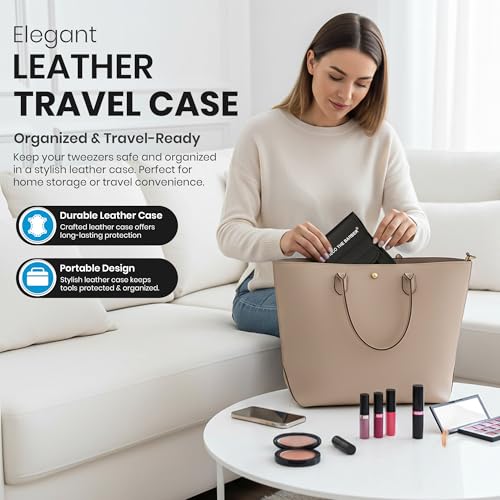 Premium Eyebrow Tweezers Set ? 4 Professional Stainless Steel Tweezers with Travel Leather Case ? Precision Tip, Slanted, Pointed & Flat Tweezers for Eyebrow Shaping, Ingrown Hair & Splinter Removal