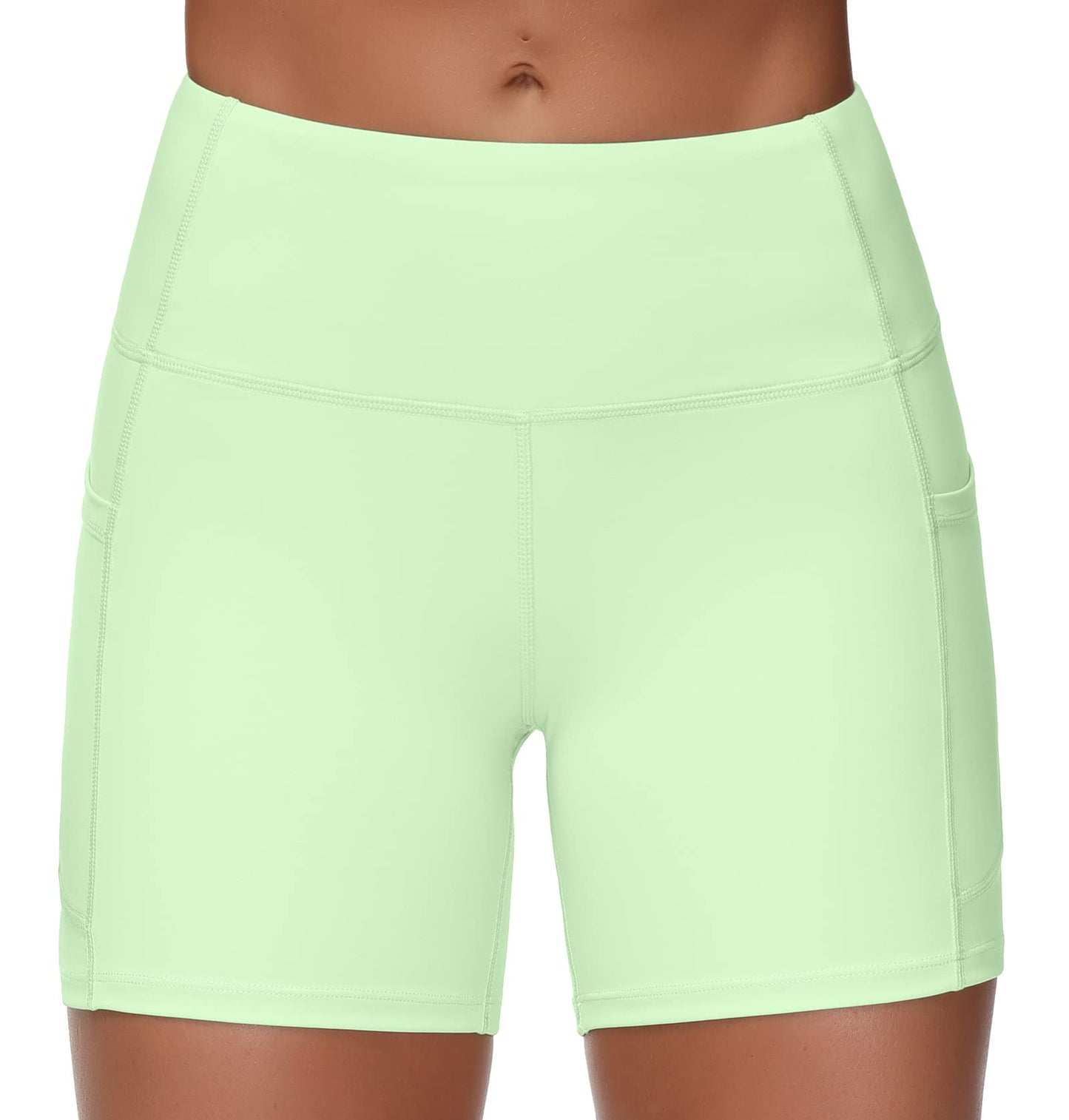 THE GYM PEOPLE High Waist Yoga Shorts for Women's Tummy Control Fitness Athletic Workout Running Shorts with Deep Pockets(Small, Pale Green)