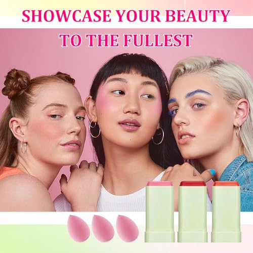 3PCS Blush Stick for Cheeks,Multi-use Solid Matte Makeup Stick Blush Cream for Cheek Eyes and Lips Tint,Moisturizing Tinted Cream Blush,Natural Blendable Cheek Blusher with 3 Makeup Sponges