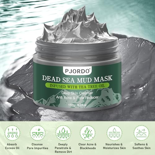 Dead Sea Mud Mask with Tea Tree Oil for Face and Body, Deep Cleansing Facial Clay Mask for Acne, Blackheads, Minimize Pores, Moisturizing, Natural Skin Care for Women and Men, 5.29oz/150g