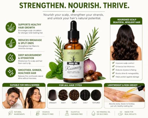 Rosemary Hair Oil for Hair Growth – Scalp Treatment with Castor, Biotin & Keratin, Nourishing Oil for Thicker-Looking Hair
