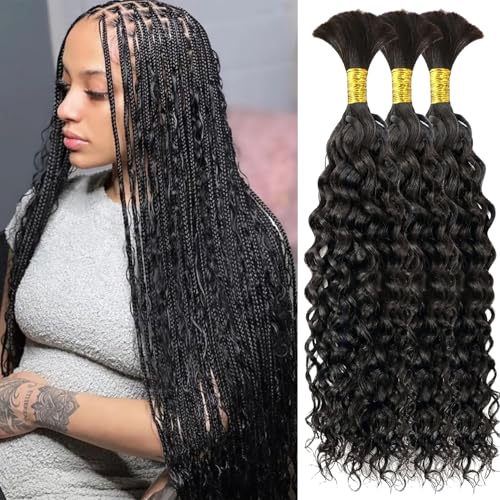 Human Braiding Hair, 3 Bundles 150g Water Wave Bulk Boho Hair for Braiding, 12A Curly Human Braiding Hair for Boho Knotless Braids Bundles Natural Color 20 Inch