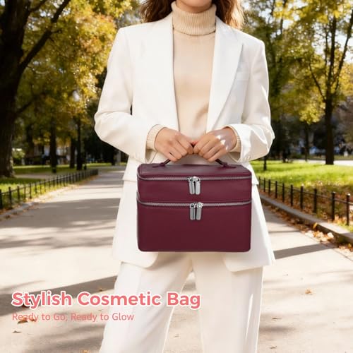 Makeup Vanity Bag for Women - Large Capacity Cosmetic Organizer with Removable Liner, Waterproof PU Leather Skincare Bag, Portable Chic Cosmetic Make Up Case for Skincare, Accessories,StyleC, Burgundy