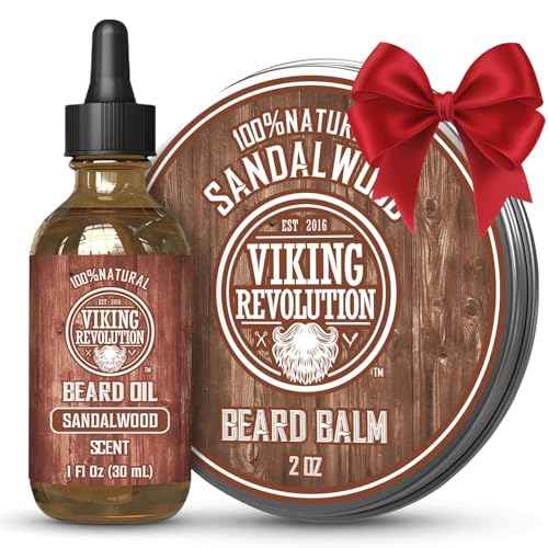 Viking Revolution Sandalwood Beard Balm for Men (2oz) and Sandalwood Beard Oil (1 fl oz) Bundle - With Argan and Jojoba Oils - Soften and Moisturize - Stocking Stuffers for Men