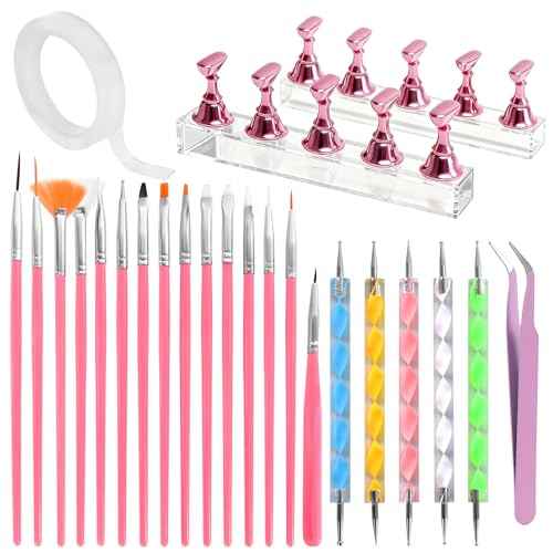 Nail Art Tools Kit with 15 Nail Art Brushes, 5 Dotting Tools, Nail Stand for Press-on, Nail Design Tools for Salon & DIY Home Manicure (Pink)