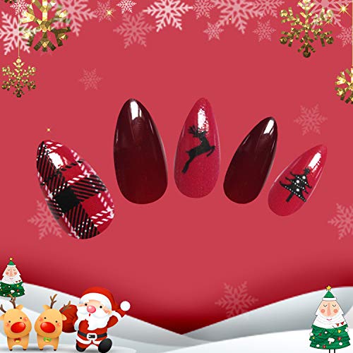 Gangel Red Matte False Nails Xmas Fake Nail Full Cover Christmas Long Fake Nails Snow Deer Acrylic Press on Nails Daily Wear Gifts for Women and Girls 24Pcs (RED LATTICE)