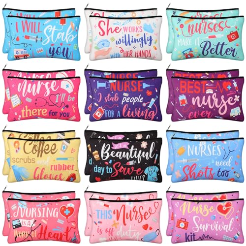 Capoda 24 Pieces Nurses Makeup Bags Bulk Cosmetic Bag Canvas Inspirational Nurses Handbags Nursing Zipper Pouch Bags Survival Kit for Women Birthday Graduation Nurse Day Appreciation Gifts