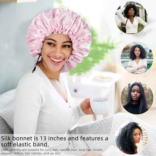 Satin Silk Bonnet for Curly Hair Bonnet Braid Bonnet for Sleeping Bonnets for Women Large Double-Layer Adjustable(Black&Pink)