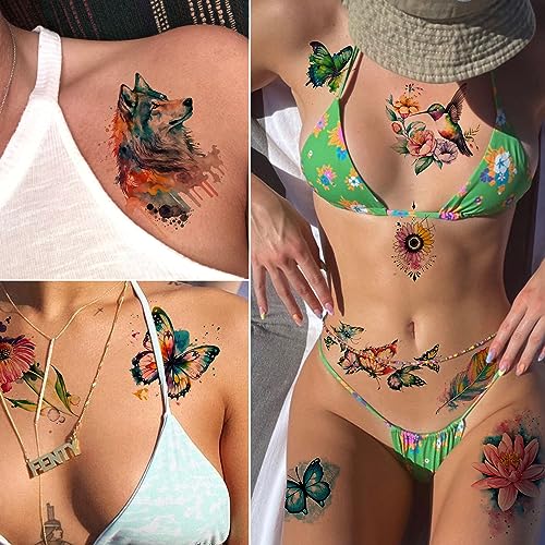 Tazimi 3D Watercolor Temporary Tattoos for Women (9 Sheets)