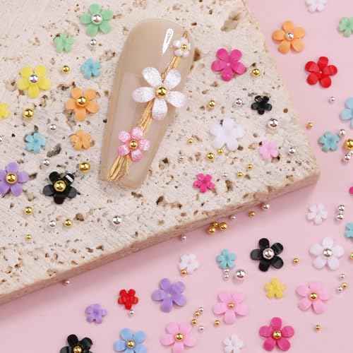 3D Colorful Flower Nail Art Charms, White Pink Acrylic Cherry Blossom Spring Petal Metal Gold Silver Round Caviar Beads Studs Pearl Rhinestones for Manicure Craft DIY (7-K3-solid)