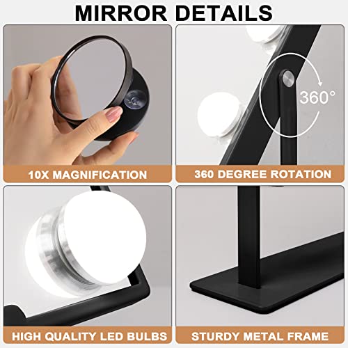 Hansong Lighted Black Vanity Mirror with Music Speaker and Wireless Charging Makeup Mirror with Lights 9 Dimmable Bulbs Lighted Hollywood Makeup Mirror 3 Color Lighting Tabletop