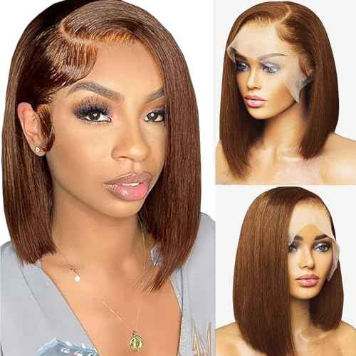 Brown Bob Wig Human Hair 13x6 Hd Lace Front Human Hair Wigs For Black Women Glueless Lace Front Wigs Pre Plucked 180% Density Short Straight Bob Wig 12 Inch