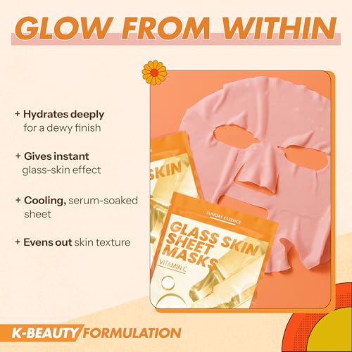 Vitamin C Face Mask For Glass Skin ? Hydration & Revitalization For Dull Skin ? Dermatologist Tested, Anti-Aging Korean Skin Care ? Vegan, Cruelty-Free, Clean Beauty ? 5 Sheets