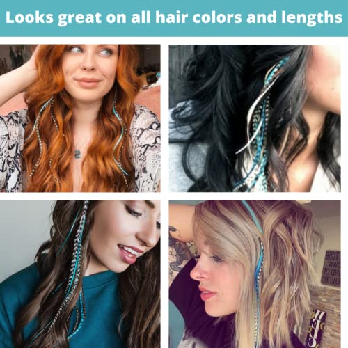 Feather Hair Extensions, 100% Real Rooster Hair Feathers, Long Natural and Turquoise Blue Colors, 20 Feathers with Beads and Loop Tool Kit NBT