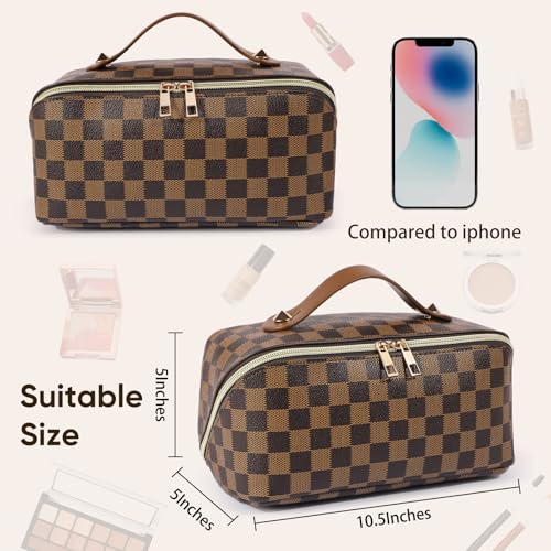 Leather Travel Makeup Bag, Large Capacity Cosmetic Bag for Women, Waterproof Portable Pouch with Divider, Toiletry Organizer with Handle, 10.5x5x5 Inches, Deep Brown