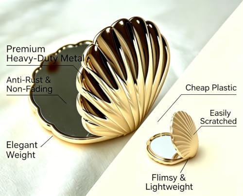 Gold Seashell Compact Mirror - Metal Pocket Handheld Makeup Mirror