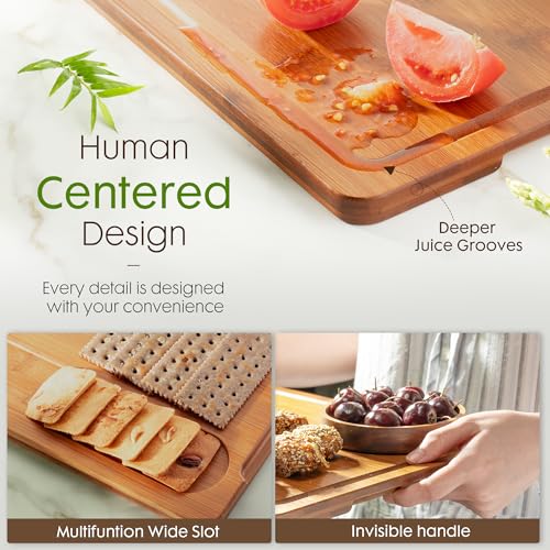 Astercook Bamboo Cutting Board Set with Storage Stand & Juice Grooves