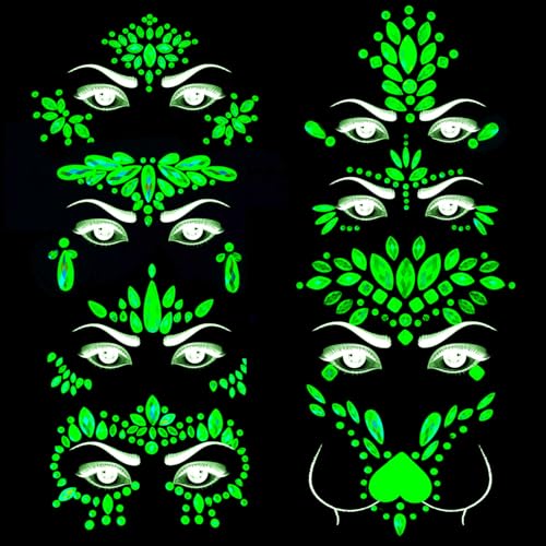 Glow in the Dark Face Gems - 8 Sheets UV Noctilucent Jewels