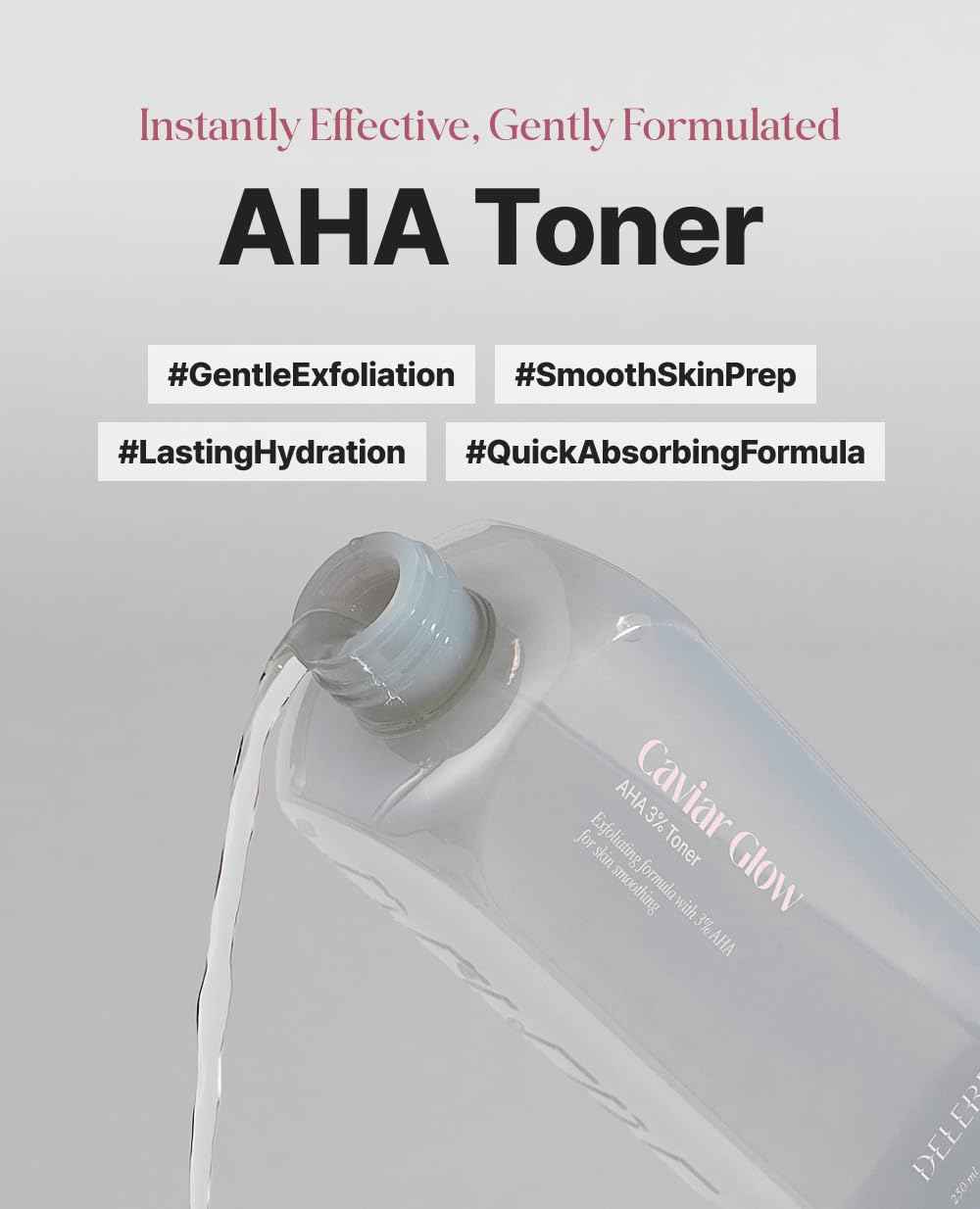 Delere Caviar AHA 3% Glow Toner | Korean Collagen Exfoliating Toner | Korean Exfoliator for Radiance, Collagen Skin Care, 250ml