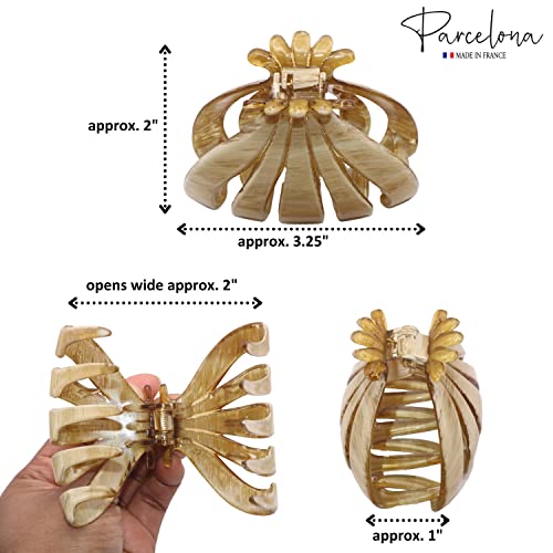 Parcelona French Fleur Medium 3.25" Wide Celluloid Claw Clips Covered Spring Fashion Durable Styling Clips Women Hair Accessories No Slip Grip Hair Clip for Girls, Made in France (Dusty Beige Brown)