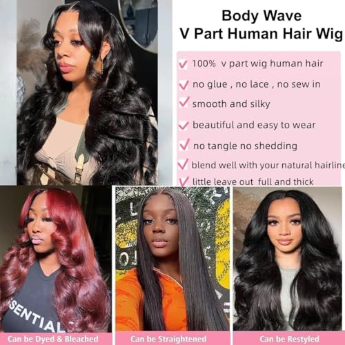 V Part Wig Human Hair Body Wave Upgrade U Part Human Hair Wig Beginner Friendly Clip In V Shape Wigs for Women Natural Black Color 16 Inch