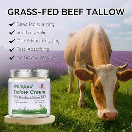 Beef Tallow for Skin, Organic Tallow Face Moisturizer, Whipped Grass Fed Beef Tallow Balm Cream for Skin Care Face Body, Deep Hydrate and Nourish Dry Skin, Lavender - 4 oz