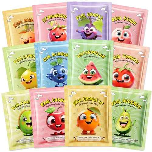 12 Pack Fruit Face Mask for Kids, Stocking Stuffers for Teen Girls, Skin Care for Kids, Christmas Gifts, Moisturizing Face Masks SkinCare, Face Masks Bulk, Slumber Party Supplies for Girls