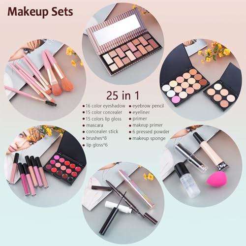 Makeup Kit For Women Full kit, Makeup Set For Teen Girls Eyeshadow Lip gloss Lipstick Make up Brushes Eyebrow Eyeliner Pen Liquid Concealer Foundation Primer Puff Eye shadow Shields Eye Brow Stencil