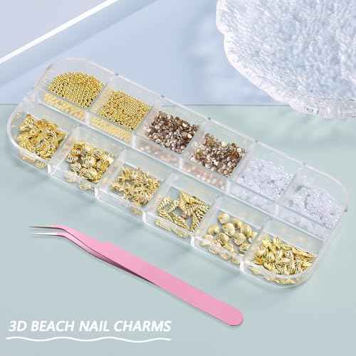 Summer Nail Charms, 3D Beach Nail Charms Metal Starfish Seashell Tropical Ocean Nail Art Decorations, Gold Beads and Pearls Rhinestones with Tweezers for Manicure, concha nacar para u?as