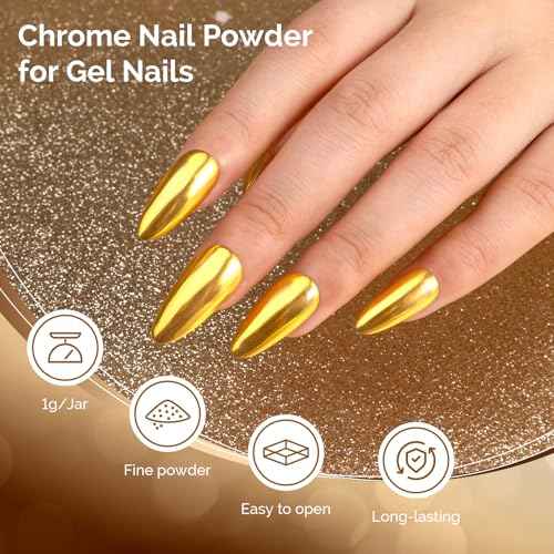 MelodySusie Gold Chrome Nail Powder for Gel Nails,Metallic Mirror Effect Pigment Stylish and Technological Fine Glitter for Home DIY Salon Use