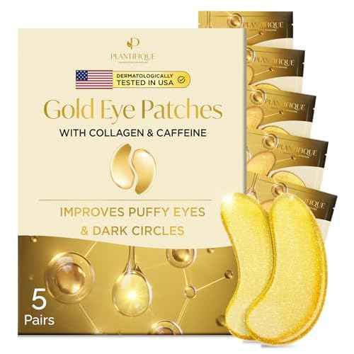 PLANTIFIQUE Gold Eye Patches for Puffy Eyes and Dark Circles 5 Pairs Under Eye Masks for Dark Circles and Puffiness Eye Gels with Collagen & Caffeine Eye Patches Gold Eye Mask Skincare