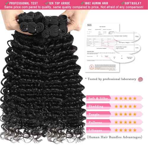 12A Deep Wave Bundles Human Hair 28 Inches, 100% Unprocessed Indian Human Hair Bundles Wet and Wavy Raw Virgin Hair One Bundles Deal Curly Weave Bundles(Natural Color, 28 Inches)