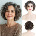 Short Brown Mixed Grey Curly Bob Wig for Women - Cosplay Hair