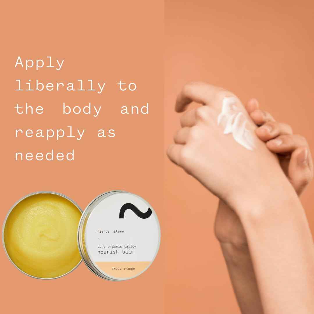 fierce nature Pure Nourish Tallow Balm | Organic, Vitamin-Rich Nourishing Body & Face Moisturizer | Natural, Essential Oil Free Skincare | (100g, Sweet Orange)