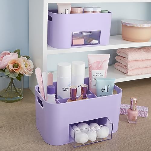 STORi Bliss 4-Compartment Plastic Vanity Organizer with Small Accessory Drawer in Lilac Purple | Rectangular Makeup, Skincare, & Cosmetic Storage Bin with Pass-Through Handles | Made in USA