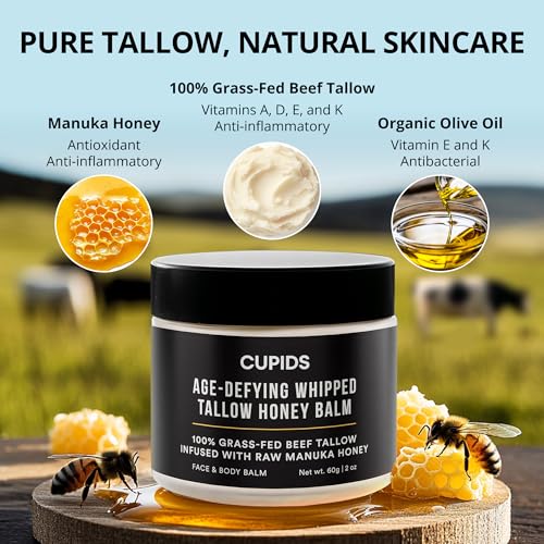 Cupids Tallow and Honey Balm, Grass Fed Beef Tallow for Skin, Face Moisturizer with Raw Manuka Honey, Olive Oil, Beeswax & Vitamin E
