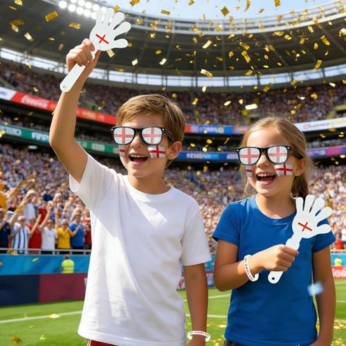 England Soccer Fan Gear Set - 6-Piece Supporter Kit with Flag, Scarf, Face Paint, Glasses, Bracelet & Clapper