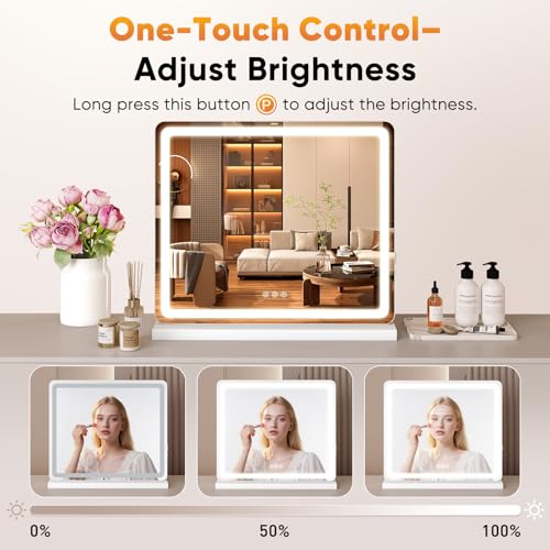 NEWBULIG 20"x22" LED Vanity Mirror with Lights, Lighted Tabletop Makeup Mirror, Touch Control Dimmable Brightness, 3 Color Lighting Modes