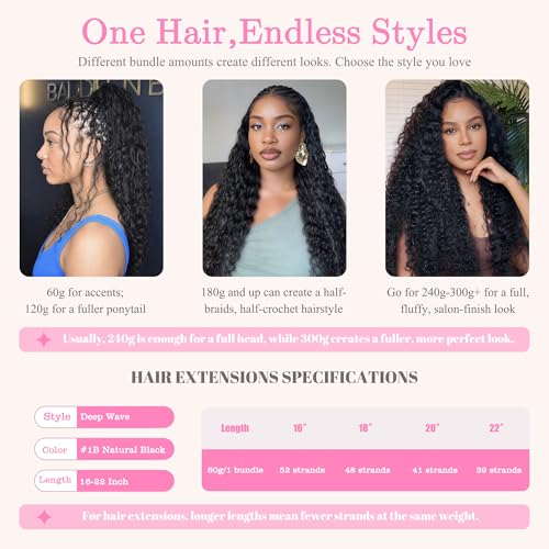 Lademi 16" Crochet Hair 60g Deep Wave Feather Extensions