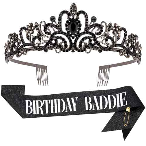Birthday Baddie Sash and Crown for Women Girls - Black Glitter with Silver Foil Birthday Girl Sash and Crown Funny Birthday Party Favor Supplies