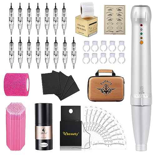 Permanent Eyebrow Makeup Corded Tattoo Pen Kit for Eyebrow Lip Eyeliner Eyebrow Makeup Wired Tattoo Machine With 15 pcs Cartridge Needles Microblading Supply Ombre Powder Brows(Permanent Kit) (Snow)