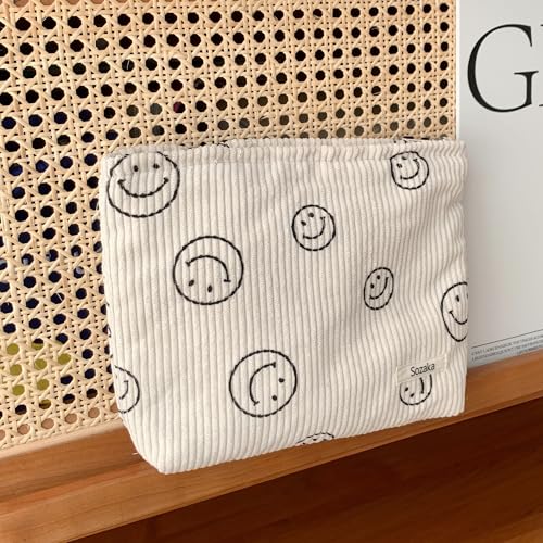 Corduroy Cosmetic Bag with Smile Dots Design - Makeup Organizer