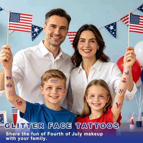 40 Pcs Patriotic Temporary Tattoos - Glitter Freckles & Stickers