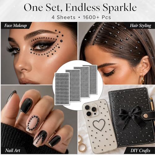 1608Pcs Black Face Gems Stickers Self-Adhesive Rhinestones 3-6mm