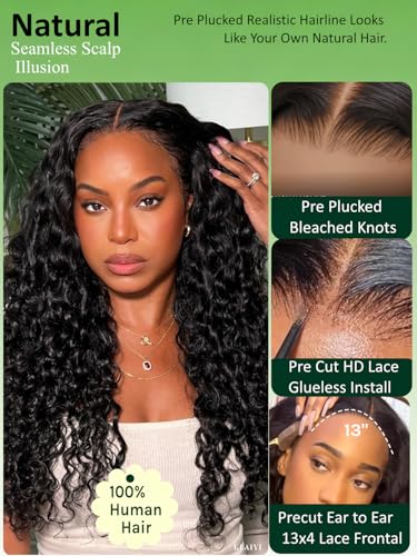 KLAIYI Water Wave 18in 13x4 Lace Frontal Glueless Wig with Baby Hair, 100% Human Hair, Pre Plucked, 30S Ready to Wear